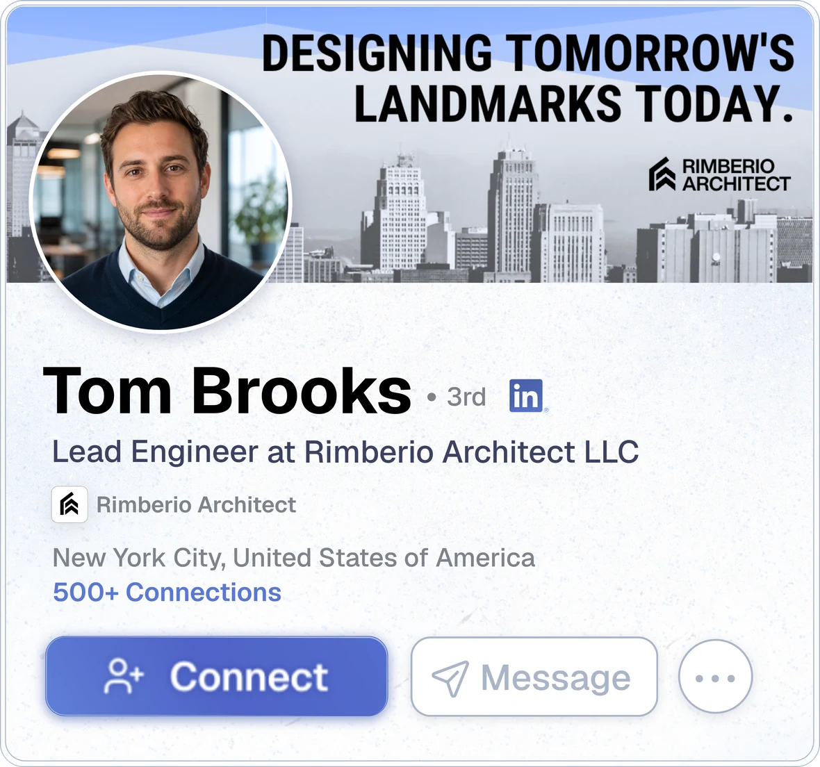 An example LinkedIn profile card: Tom Brooks, Lead Engineer at Rimberio Architect LLC, with a photo, a banner and a headline